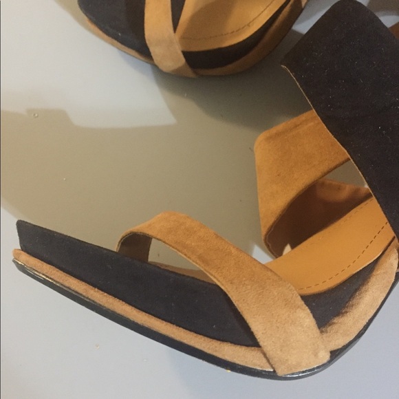 Zara Black & tan brown suede open‎ toe cross band platform stilettos size 41/10 - Picture 8 of 14
